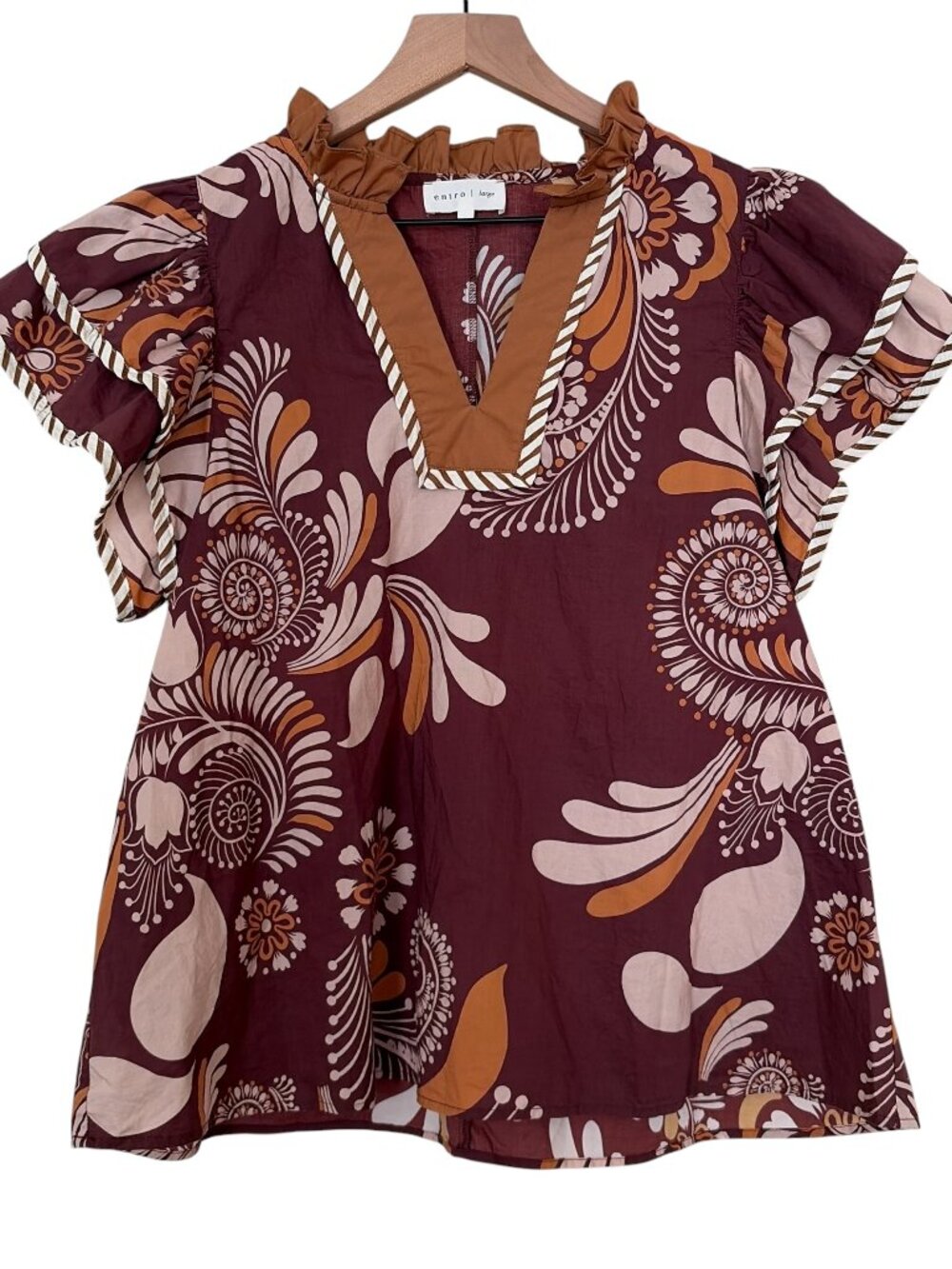 Entro Brown Paisley Printed Ruffle Short Sleeve V-Neck Top